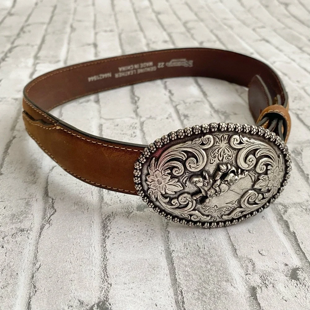 Kids Nocona Genuine Brown Leather Belt With Bull Rider Silver Buckle